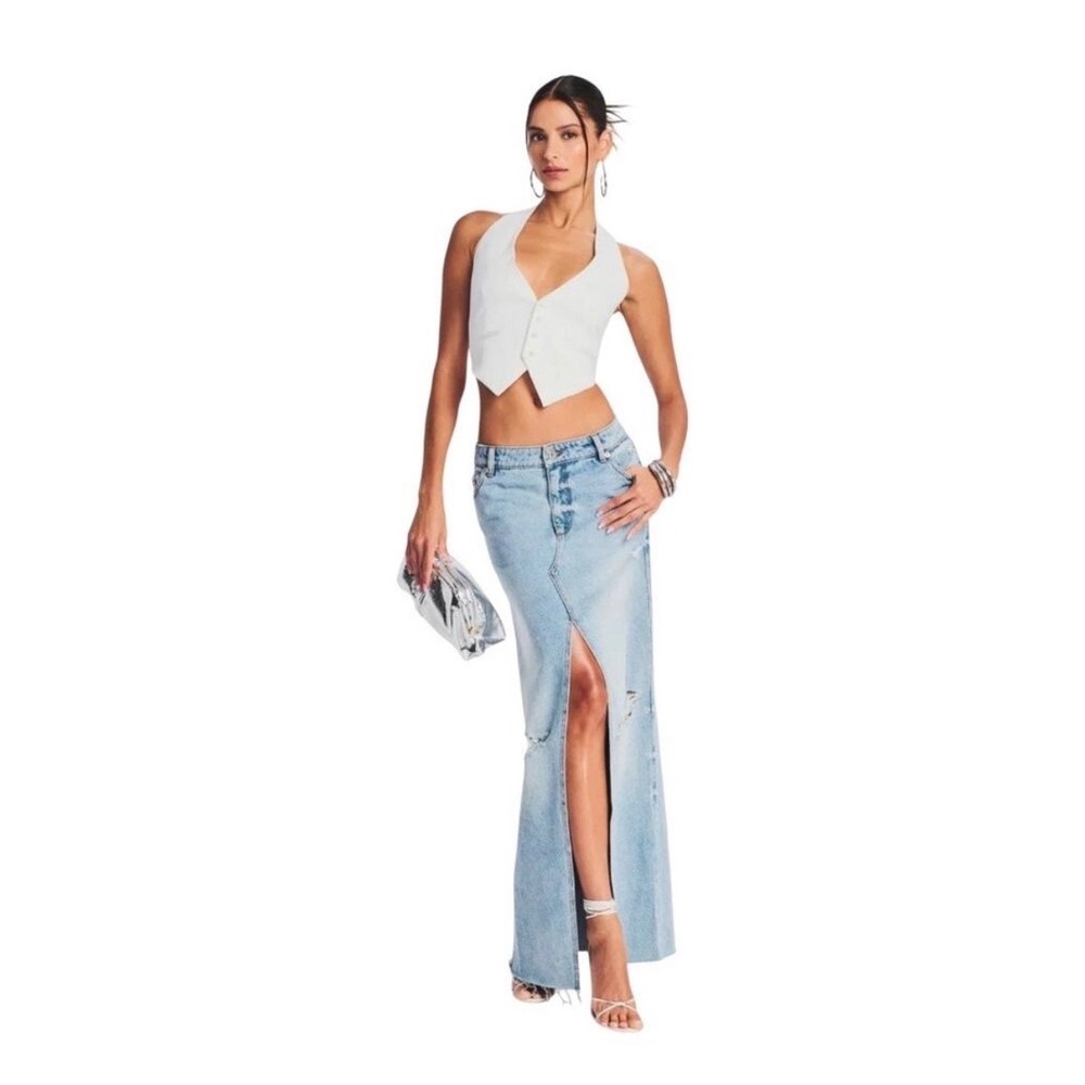 SER.O.YA Maxi Skirt 26 Light Blue Matilda Distressed Front Slit Denim Skirt